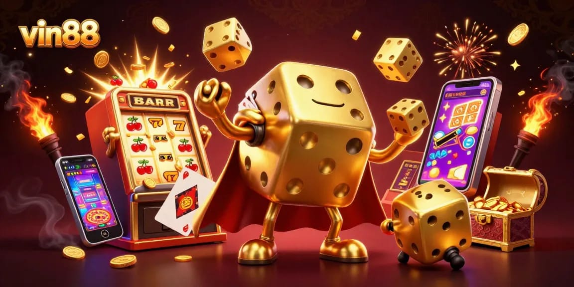 Spin to win at vin88 with vibrant graphics of dice, jackpot machines, and colorful game elements.