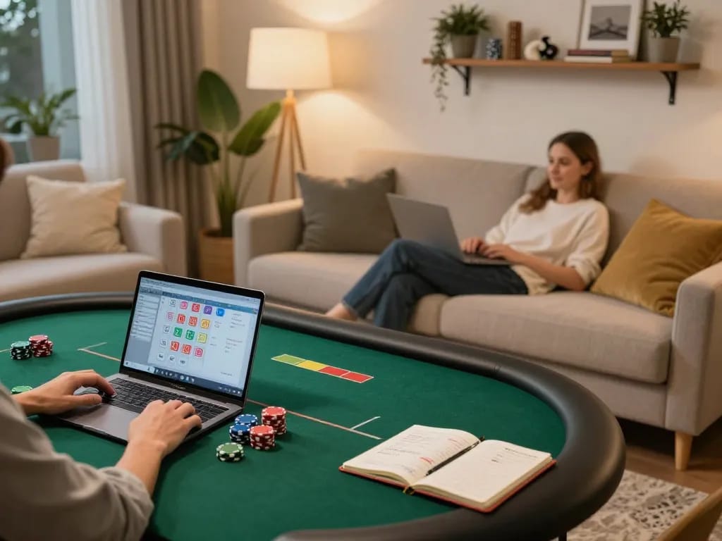 Kuwin gamblers strategizing their next poker move in a cozy home setup with betting notes visible