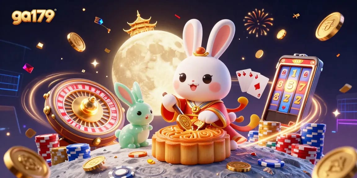 Experience excitement with ga179's colorful casino scene featuring the moon rabbit and shimmering gaming elements.