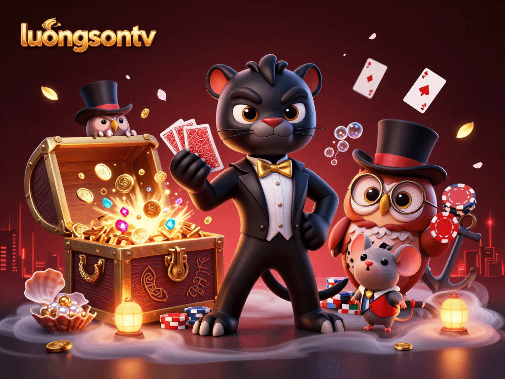 Engage in thrilling gambling action on luongsontv with a luxurious 3D illustration featuring a stylish black panther dealer and vibrant casino elements.