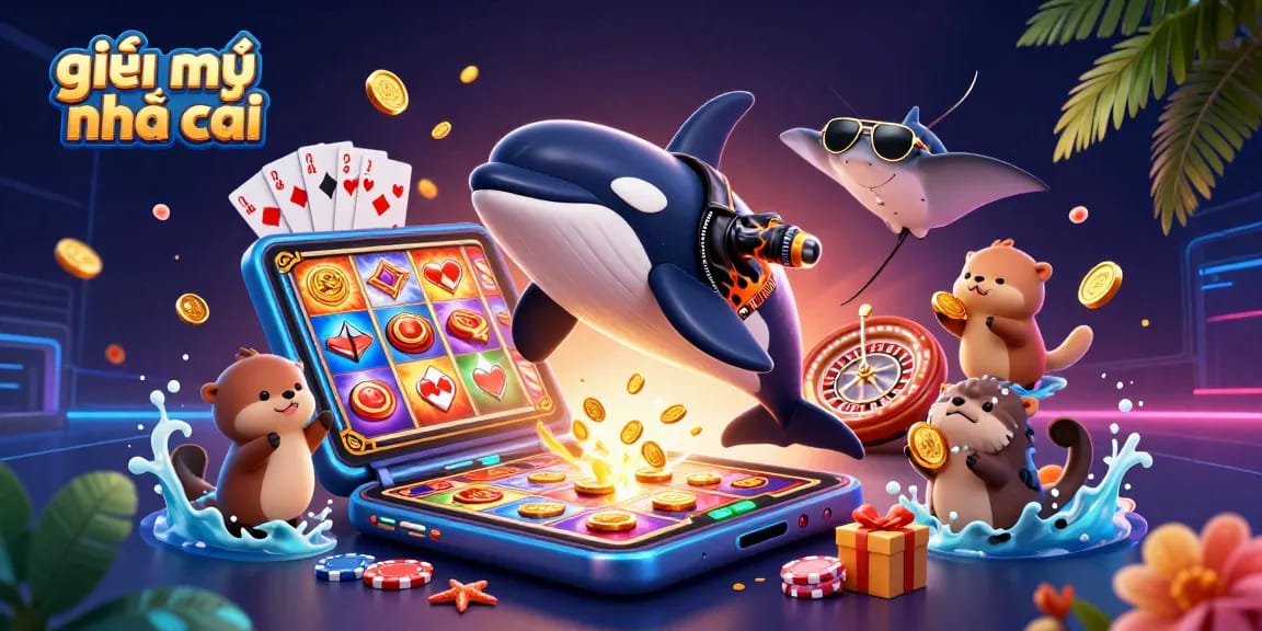 Experience the thrilling world of giải mã nhà cái with animated characters playing slots and showcasing winning moments.