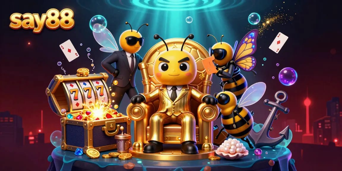 Engage with say88's vibrant slots world featuring a dynamic 3D cartoon mob boss in a thrilling casino setting.
