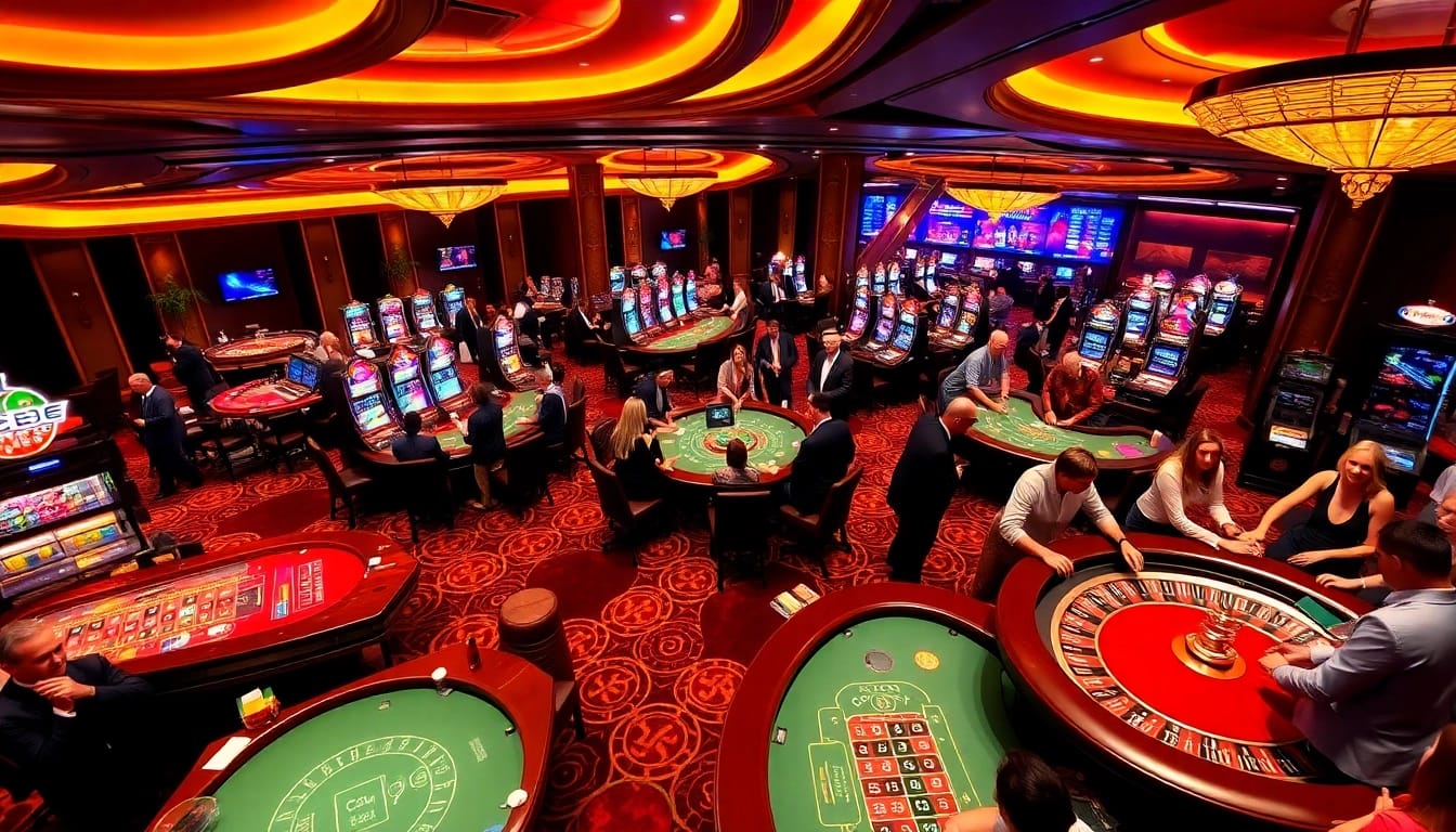 CM88 nhà cái vibrant casino scene with excited players at tables and roulette wheels.