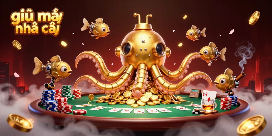 Experience the thrilling action of giải mã nhà cái featuring a golden kraken submarine amid poker chips.