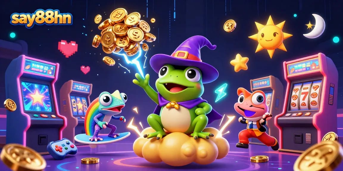 Experience the thrill of say88hn with a vibrant illustration of a frog wizard and chameleon amidst casino games.