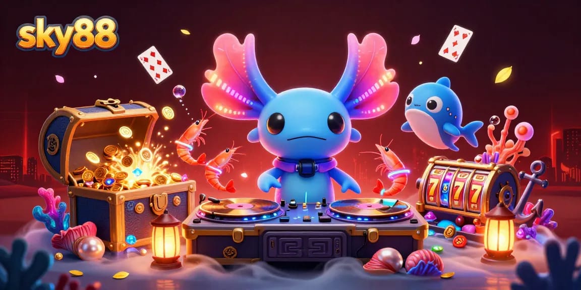 Experience the exciting world of sky88 with dynamic 3D illustration of casino-themed characters and elements.
