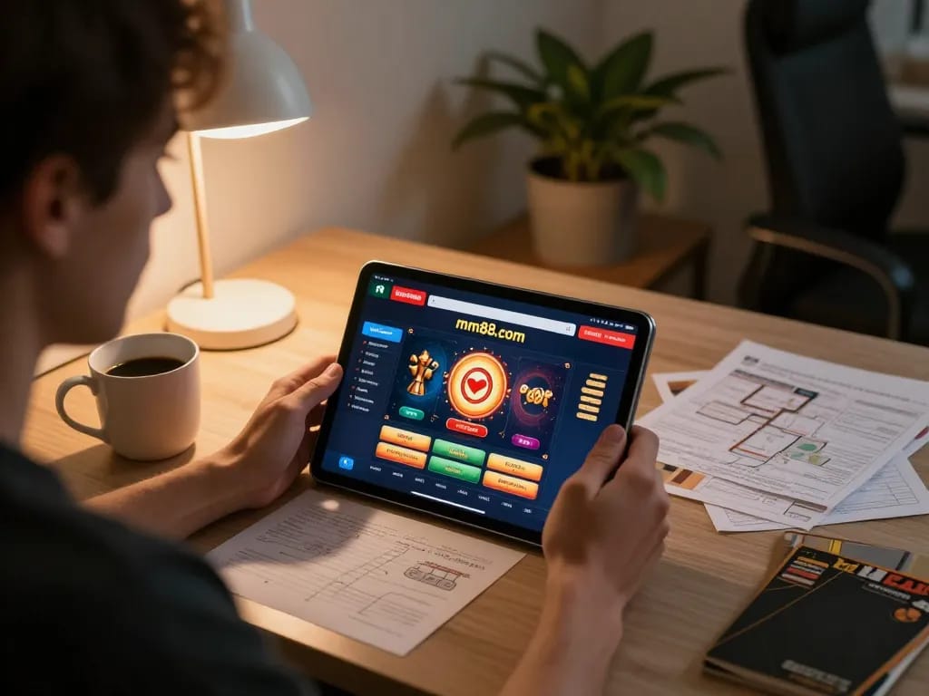 Engaging player focused on the mm88.com casino tablet interface during an exciting online gaming session.