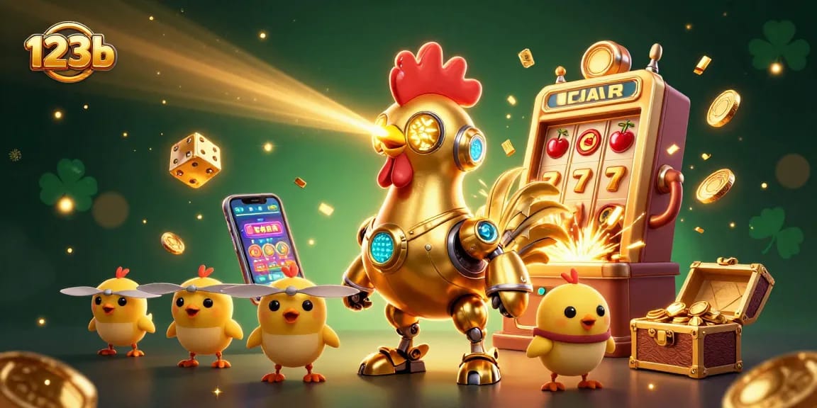 Experience thrilling moments at 123b with golden rooster robot and jackpot celebrations!
