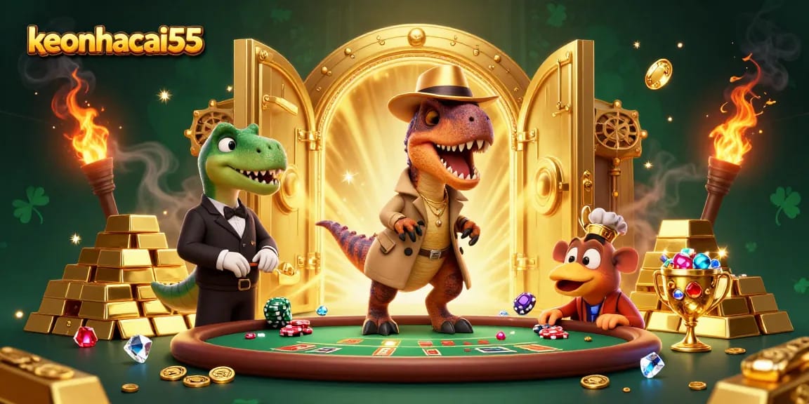 Master high-stakes bets with keonhacai55 in a vibrant cartoon scene of a velociraptor card counter.