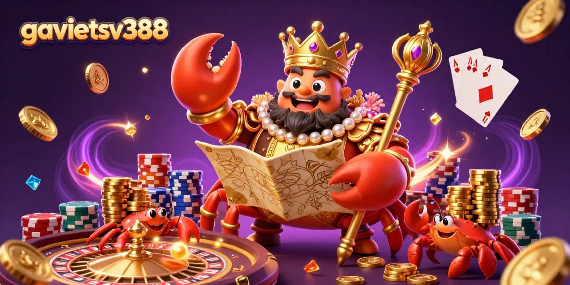 Experience thrilling action with gavietsv388's captivating 3D illustration of a golden crab emperor among casino elements.