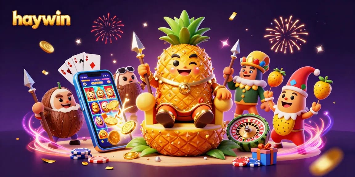 Engage in gaming adventures with haywin's vibrant 3D digital illustration featuring a golden pineapple king in a beach casino setting.