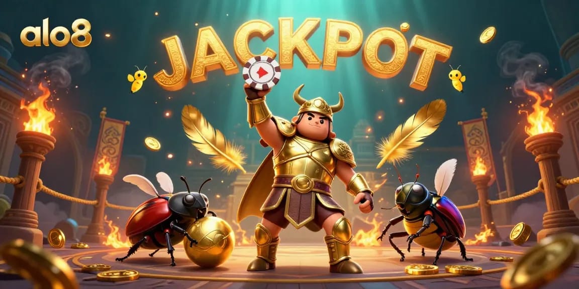 Experience excitement with alo8 as the victorious beetle raises a poker chip surrounded by thrilling elements.
