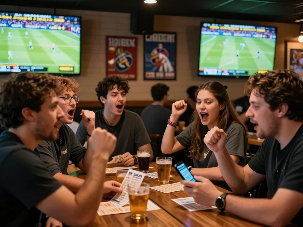 Engaged sports fans analyzing tỷ lệ kèo nhà cái hôm nay at a lively bar during a game.