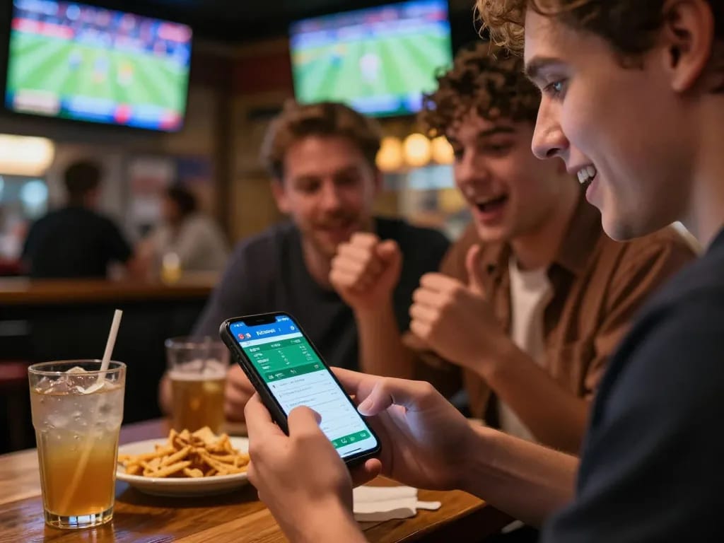 Engaging in live sports betting on the 9 bet app at a bustling sports bar with friends, showcasing dynamic atmosphere.