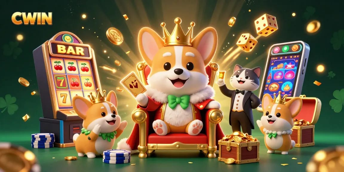 CWIN dazzles with a royal corgi and cat butler celebrating a jackpot in this vibrant casino scene.