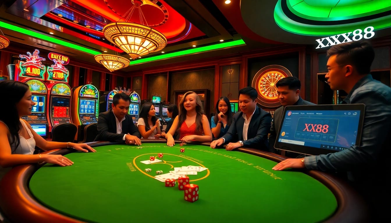 Gambling excitement at XX88 casino with players engaged at poker tables and vibrant slot machines.