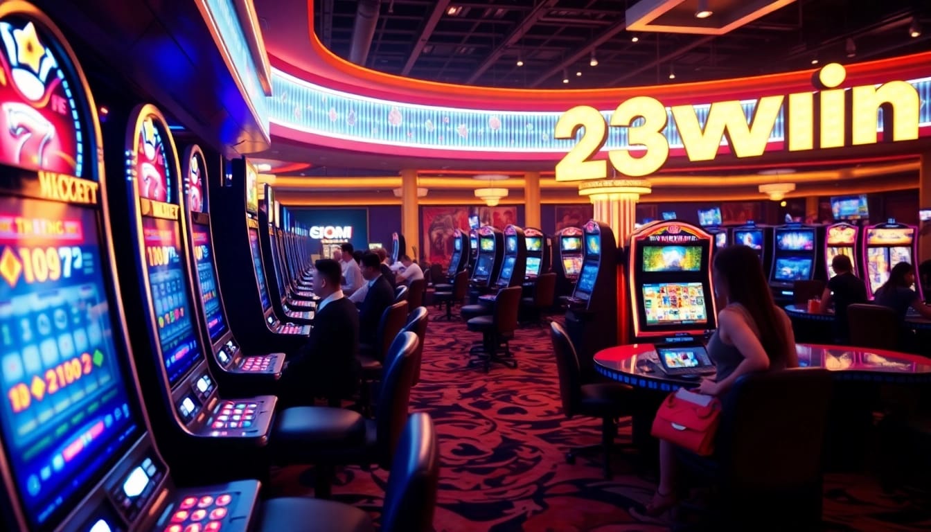 23win gaming experience showcasing vibrant casino action with players and modern machines.
