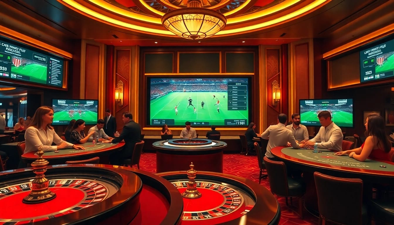 Enjoy trực tiếp bóng đá with thrilling gambling elements at a luxurious casino, showcasing live scores and betting.