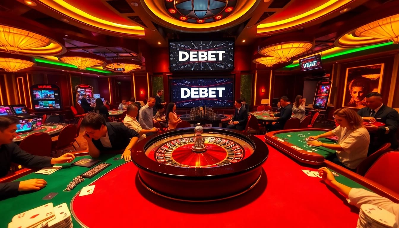 Exciting casino atmosphere showcasing DEBET đăng nhập with players at roulette and poker tables.