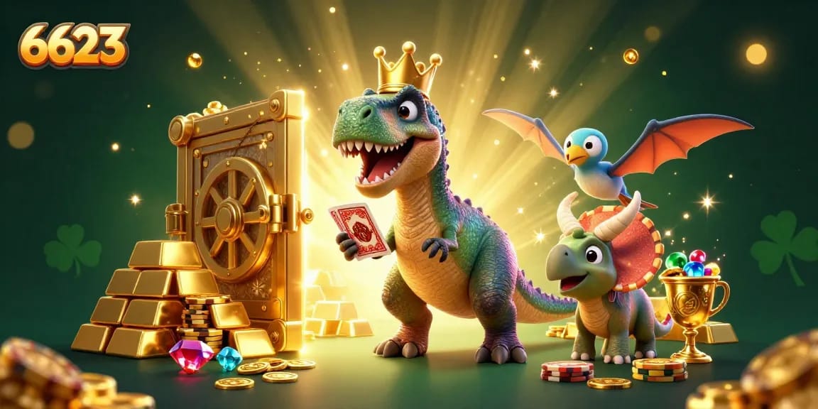 Interactive casino scene showcasing a 6623-themed game with vibrant characters and gold elements.