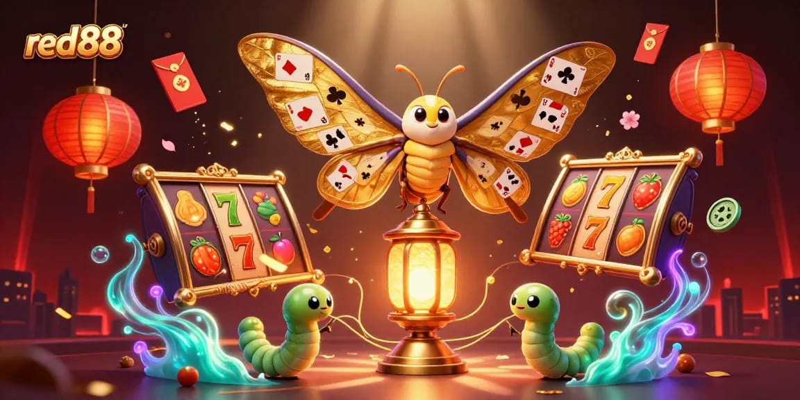 Engage in immersive gameplay at red88 with dynamic slot reels, golden lanterns, and vibrant casino scenes.