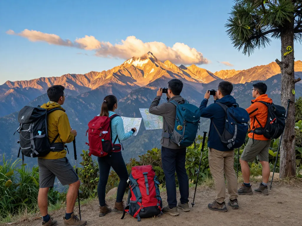 Travelers exploring scenic mountains at sunset with Fly88 gear, embodying adventure and exploration.