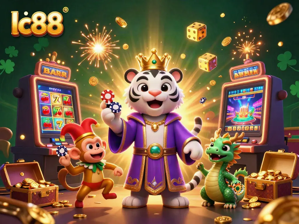 Experience the thrill at lc88 with a lively casino scene featuring a tiger, monkey, and exciting game elements.