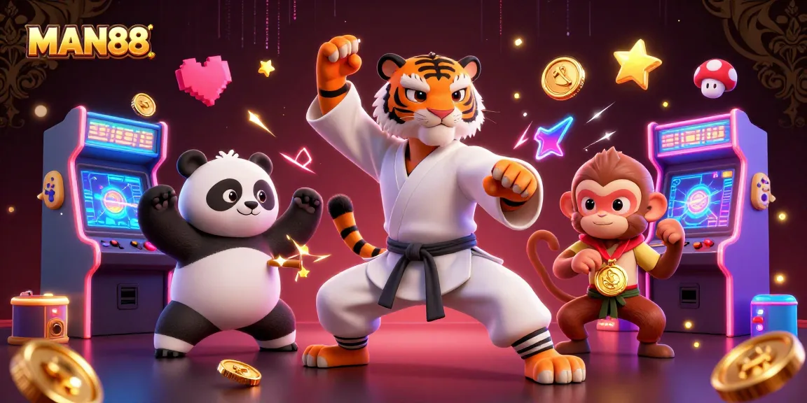 Engage with exciting games at MAN88, featuring fun characters and vibrant casino elements.