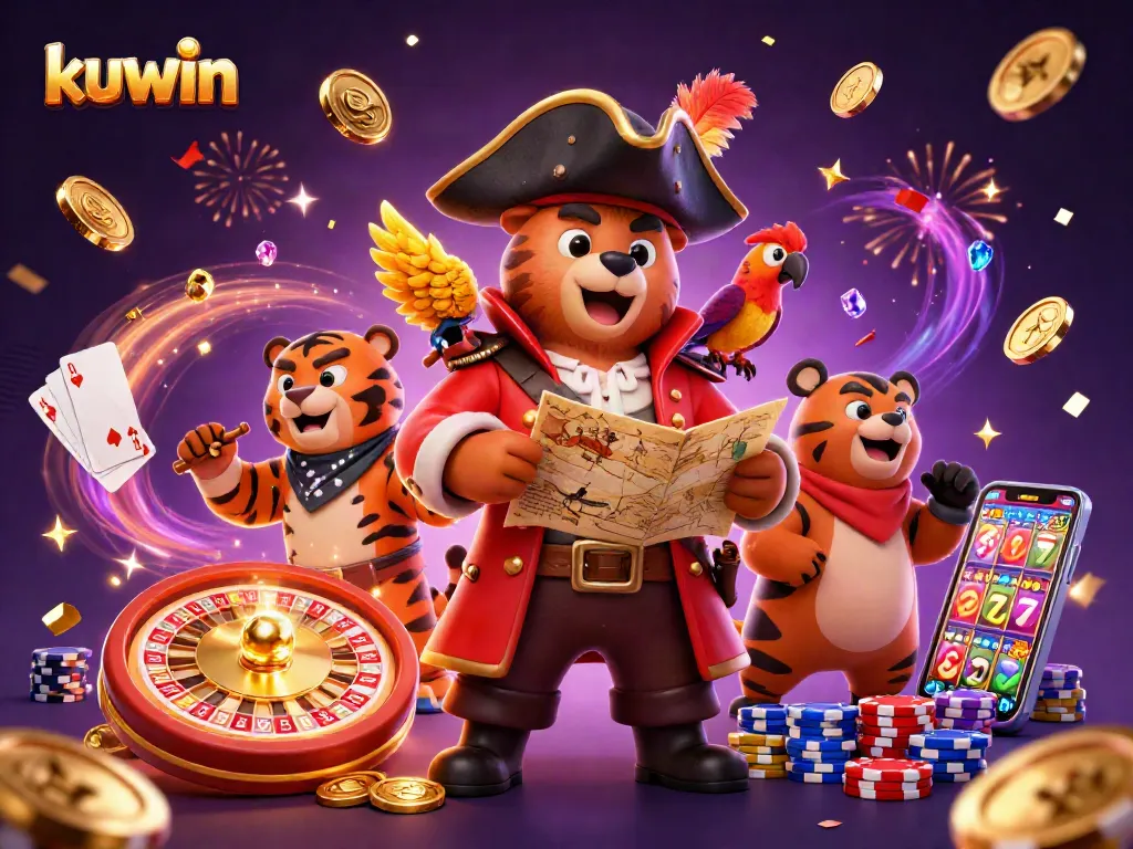 Experience the thrilling action of kuwin with cartoon characters amidst golden casino elements.