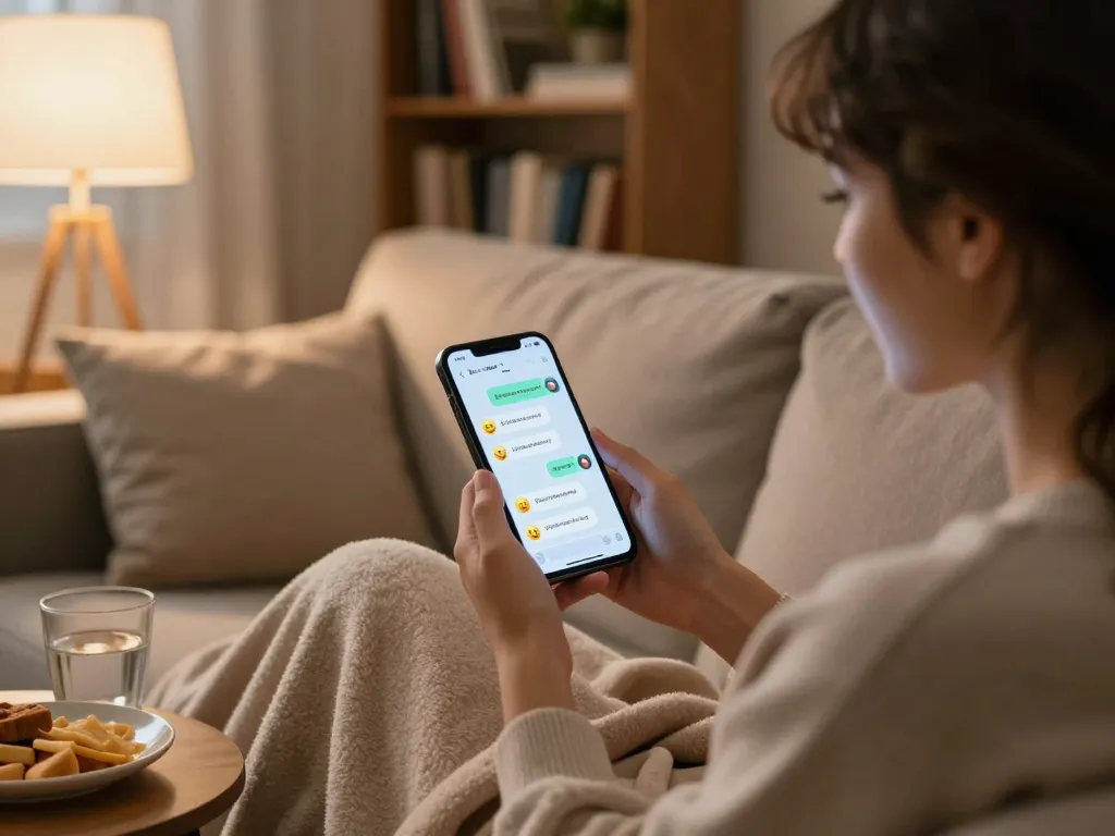 Engaging in sexting AI conversations on smartphone in cozy room.
