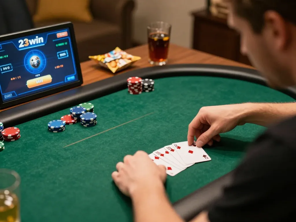 Player strategizing in online poker game on a23win platform with engaging gameplay.