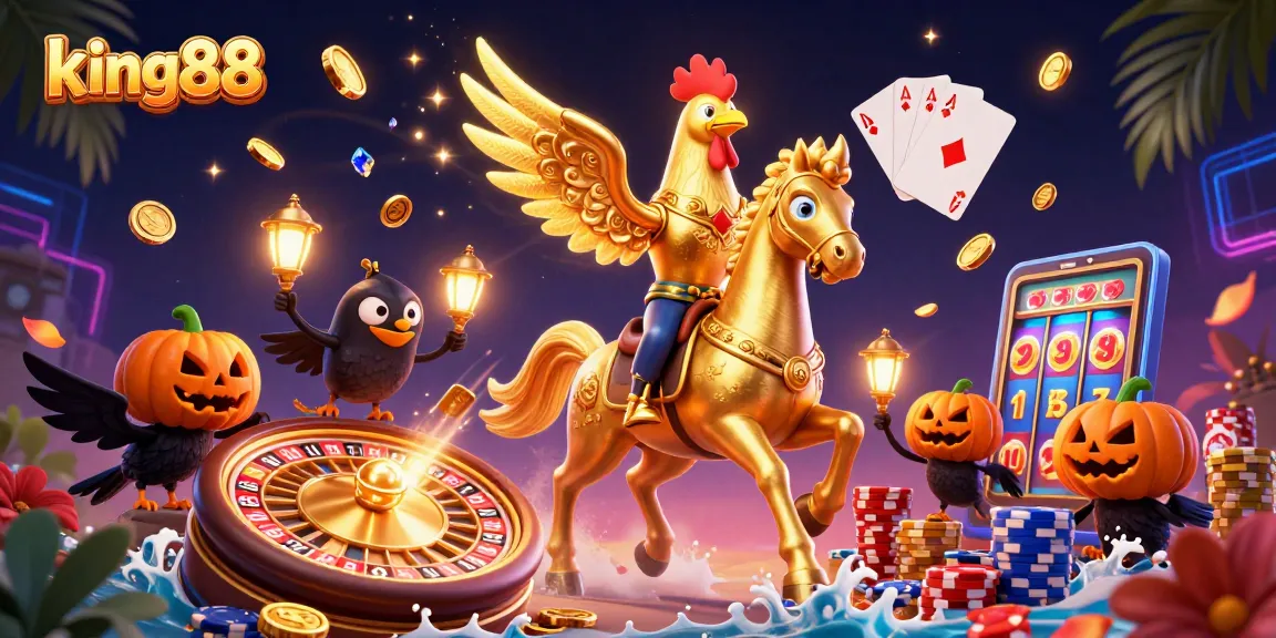 king88 casino scene depicting a golden rooster and friends celebrating with vibrant gaming elements