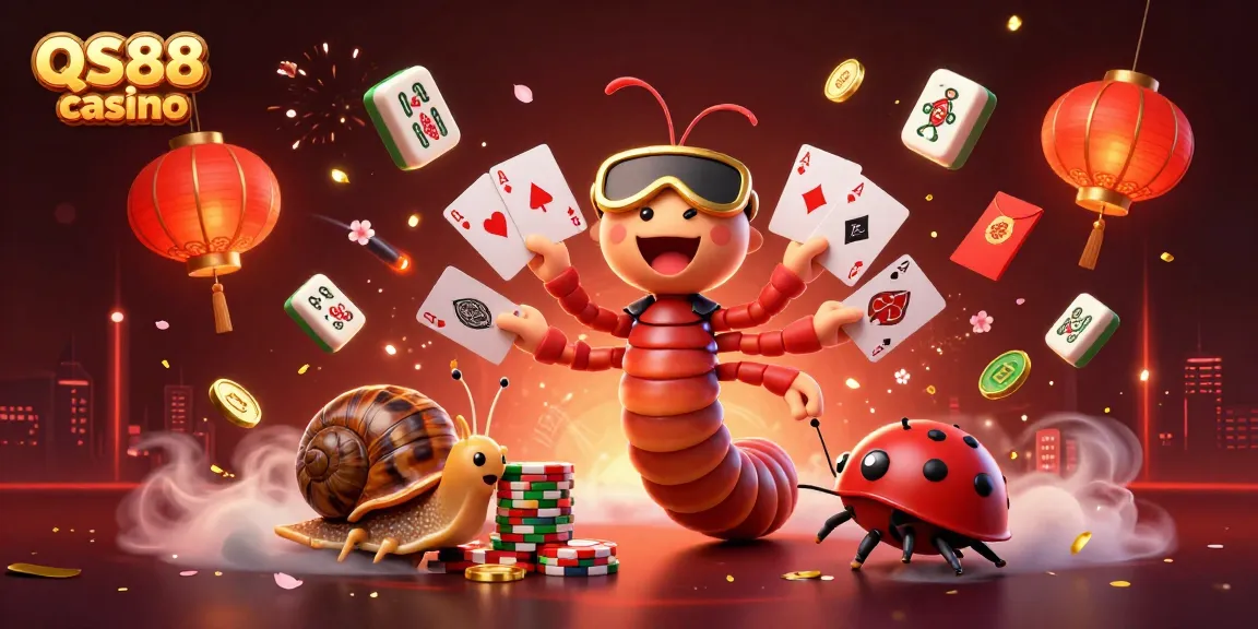 Experience the excitement at QS88 casino with an engaging 3D illustrated scene featuring unique characters and game elements.