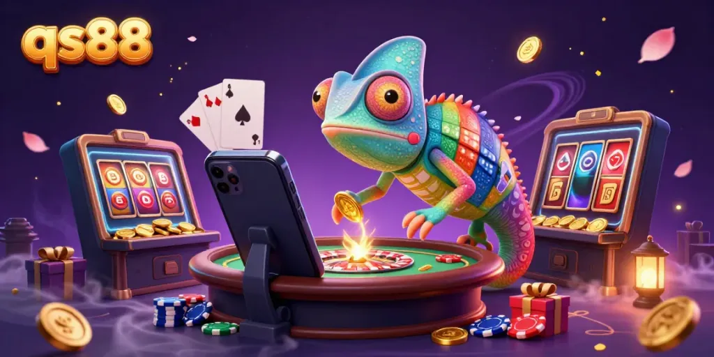 Win big with qs88 at the vibrant casino, featuring a chameleon keeper surrounded by slot games, poker elements, and coins.