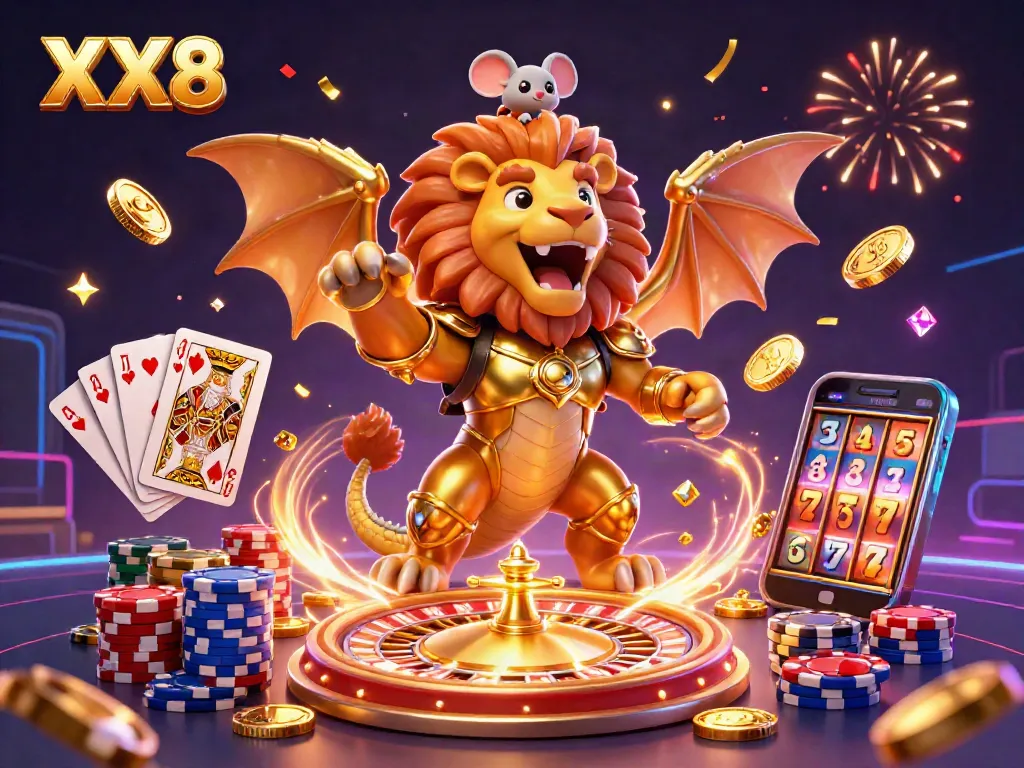 Experience the thrill of winning with XX8's golden chimera and vibrant casino elements in this 3D illustration.