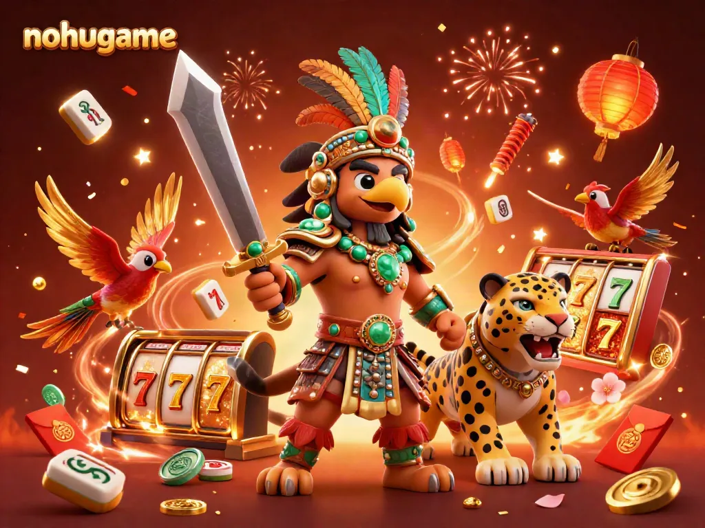 Engage with nohugame at a vibrant online casino featuring Aztec warriors and dynamic gaming elements.