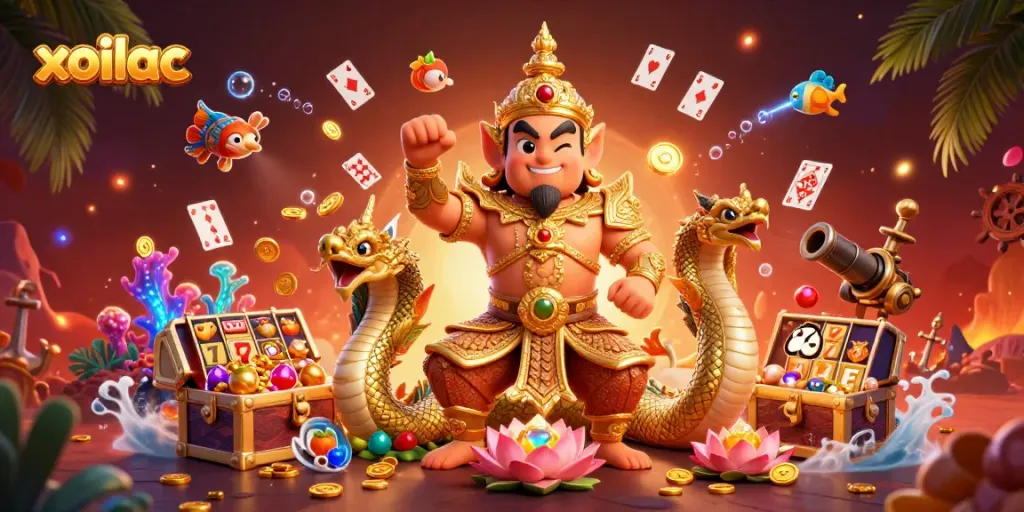 Xoilac casino themed illustration with temple guardian and dynamic slot game elements.