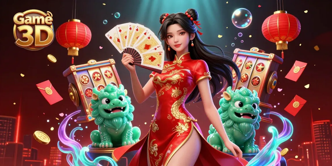 Experience Game bài 3D with a vibrant scene including a woman in qipao, golden cards, and cascading coins.
