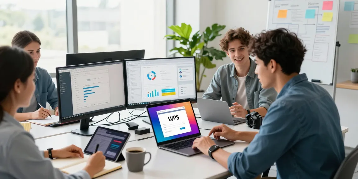 Professionals collaborating on WPS Download in a modern office.
