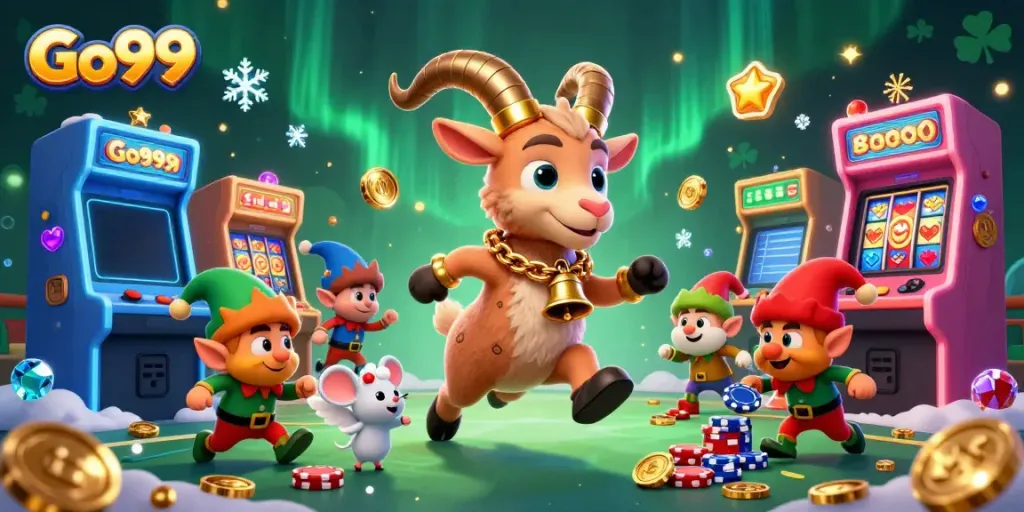 Experience the thrilling atmosphere of Go99 with festive characters in a vibrant casino setting.
