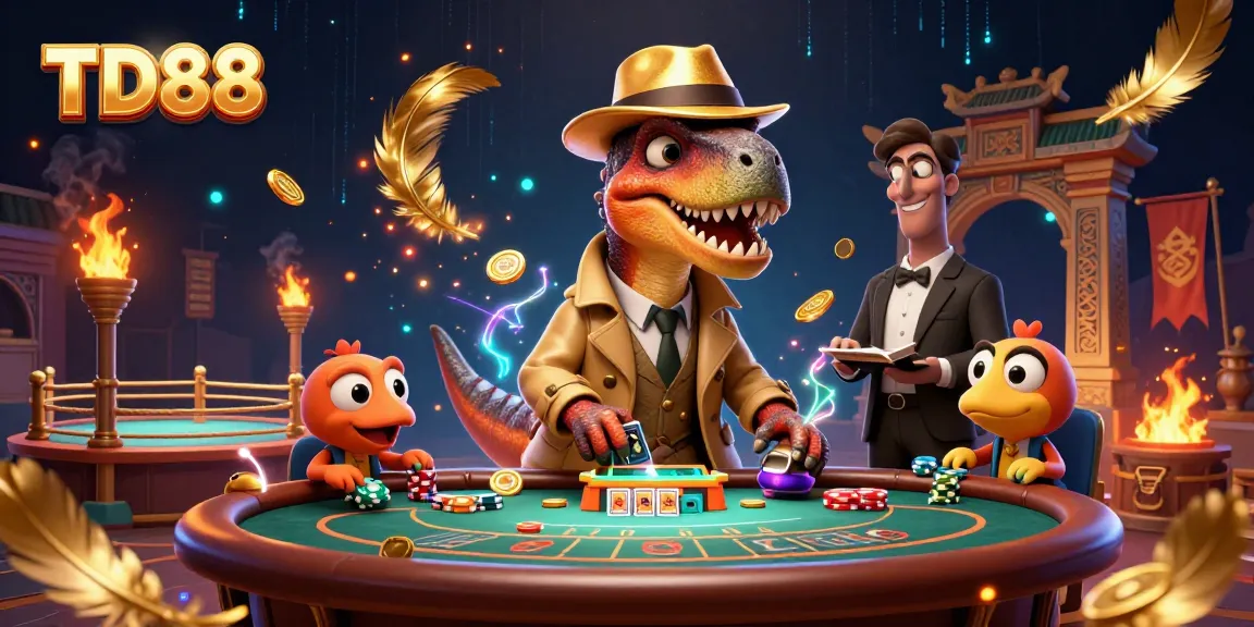 Enjoy thrilling action at TD88 with a thrilling blackjack scene featuring playful dinosaurs.
