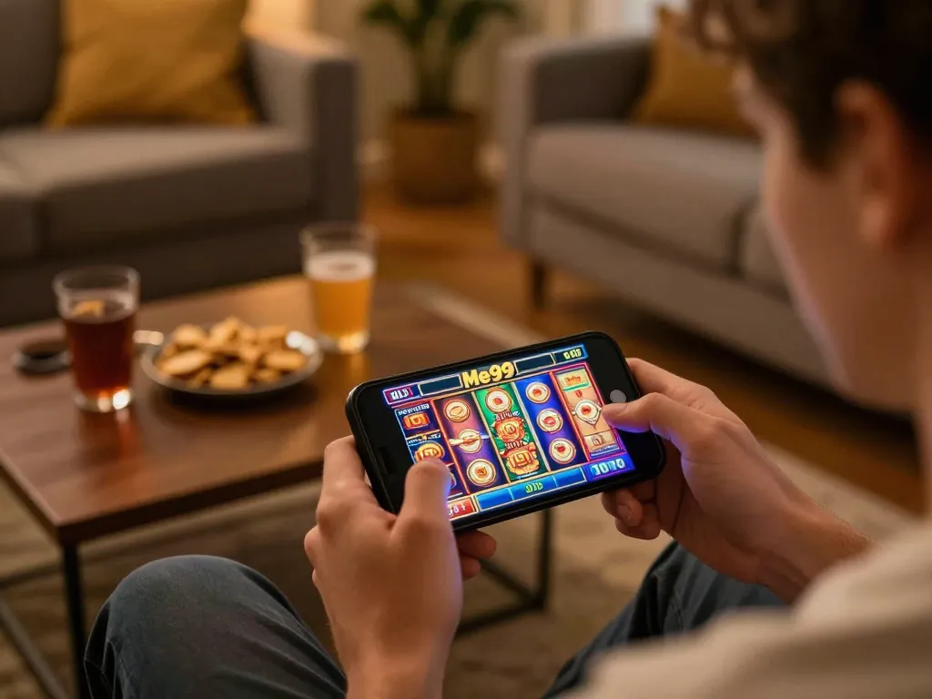 Player wins big at Me99 Casino with mobile slots in a cozy home setup.