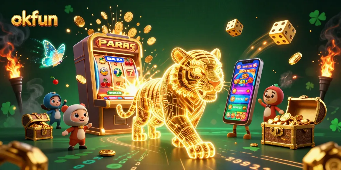 Experience thrilling gaming with okfun in this vibrant 3D casino scene full of action.