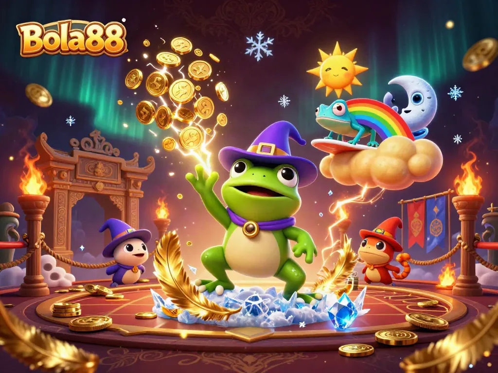 Bola88 showcases a dynamic scene with a weather wizard frog and a chameleon amidst a storm of coins and thrilling casino elements.