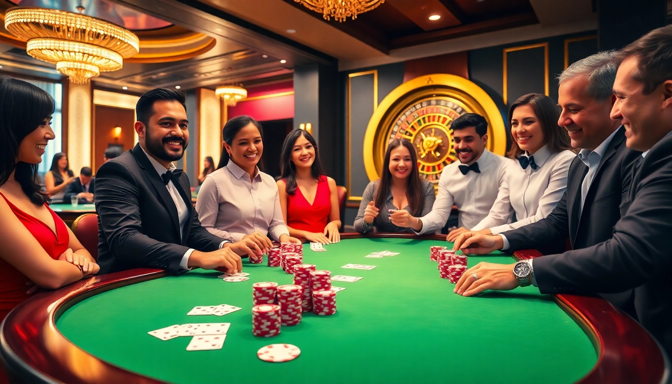 Experience the excitement of Game bài đổi thưởng uy tín at a vibrant casino table with players enjoying poker.