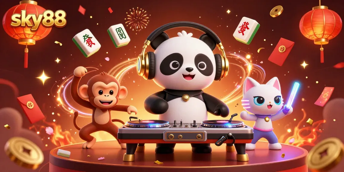 Spin to win at sky88 casino with a DJ panda, breakdancing monkey, and glowing kitten in a vibrant celebration scene.