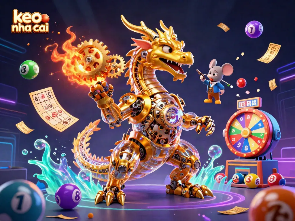 Engage with keo nha cai through a dynamic scene showcasing a golden dragon breathing gears and lottery elements.
