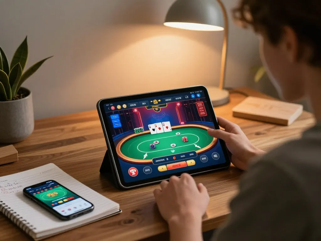 Experience cm88 online gaming at home with a player using a tablet, surrounded by strategy notes.