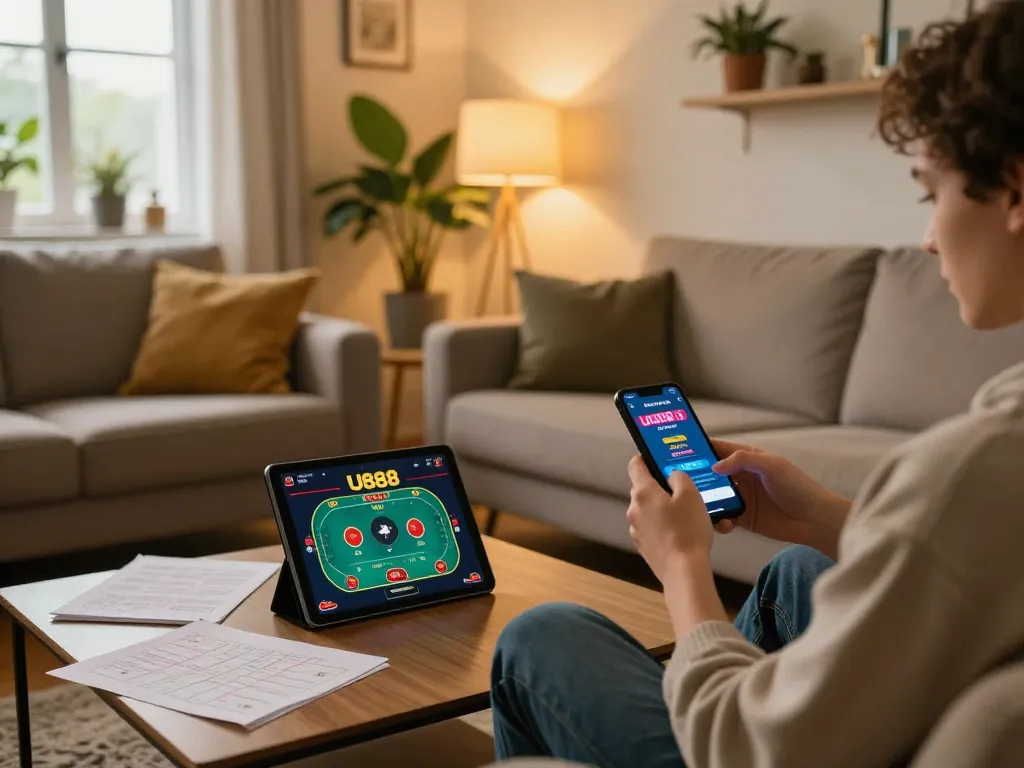 Player engaging in online casino gaming on U888 app on smartphone, cozy home setting with strategy notes