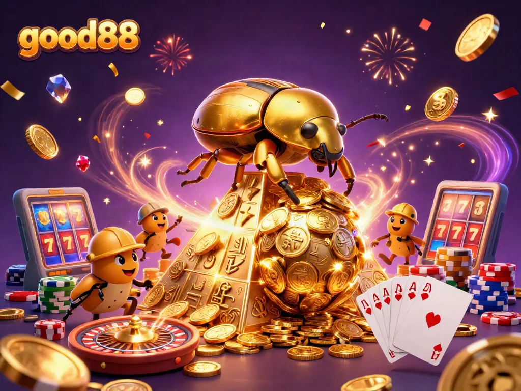 Experience thrilling gameplay at good88 with golden coins cascading, colorful poker chips, and a 3D roulette wheel.